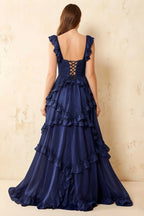 Johanna Navy Blue Chiffon Cutout Ruffles Maxi Dress