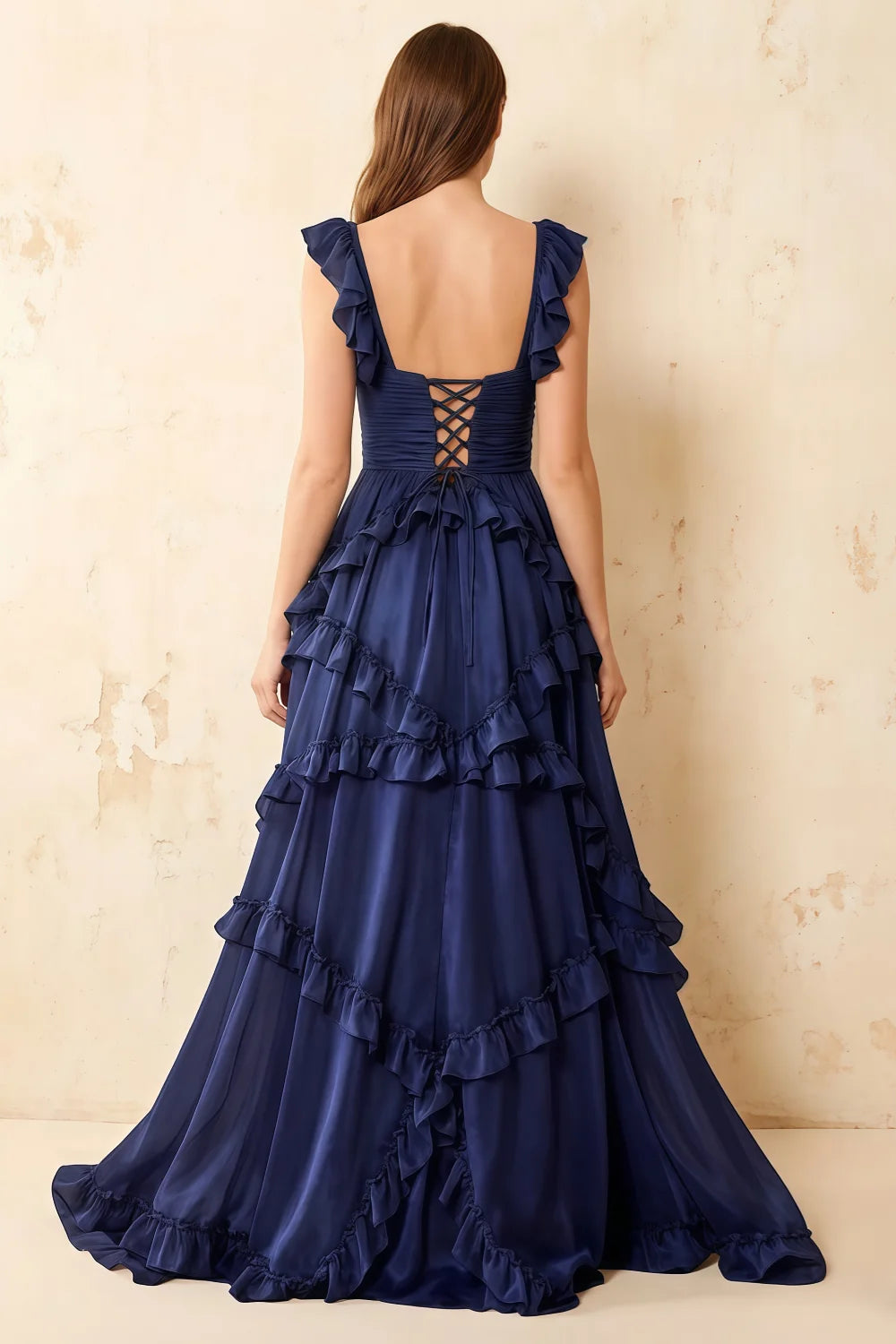 Johanna Navy Blue Chiffon Cutout Ruffles Maxi Dress