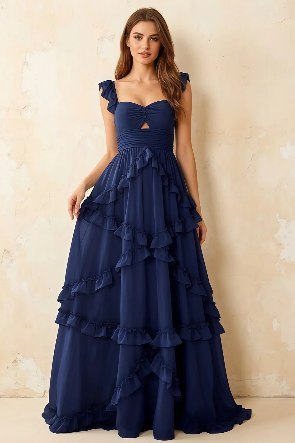 Johanna Navy Blue Chiffon Cutout Ruffles Maxi Dress