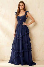 Johanna Navy Blue Chiffon Cutout Ruffles Maxi Dress