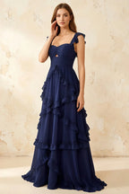 Johanna Navy Blue Chiffon Cutout Ruffles Maxi Dress