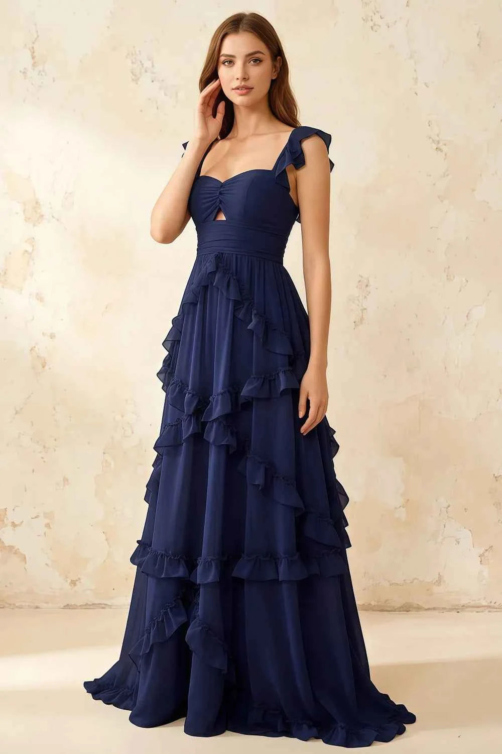Johanna Navy Blue Chiffon Cutout Ruffles Maxi Dress