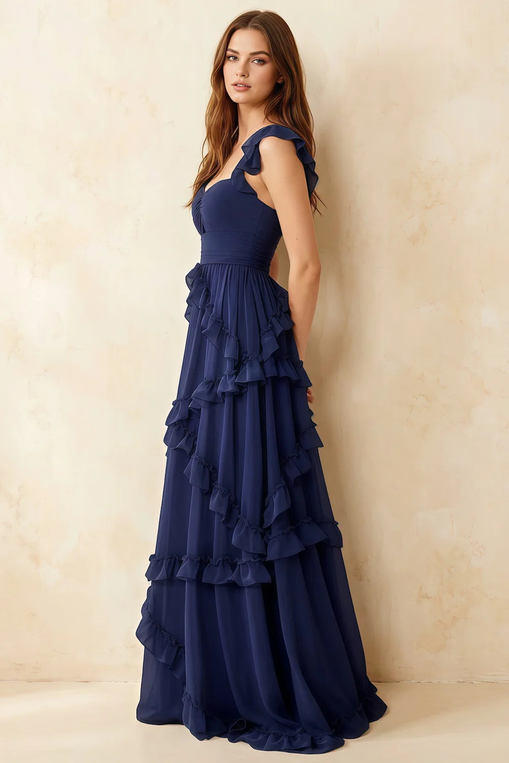 Johanna Navy Blue Chiffon Cutout Ruffles Maxi Dress