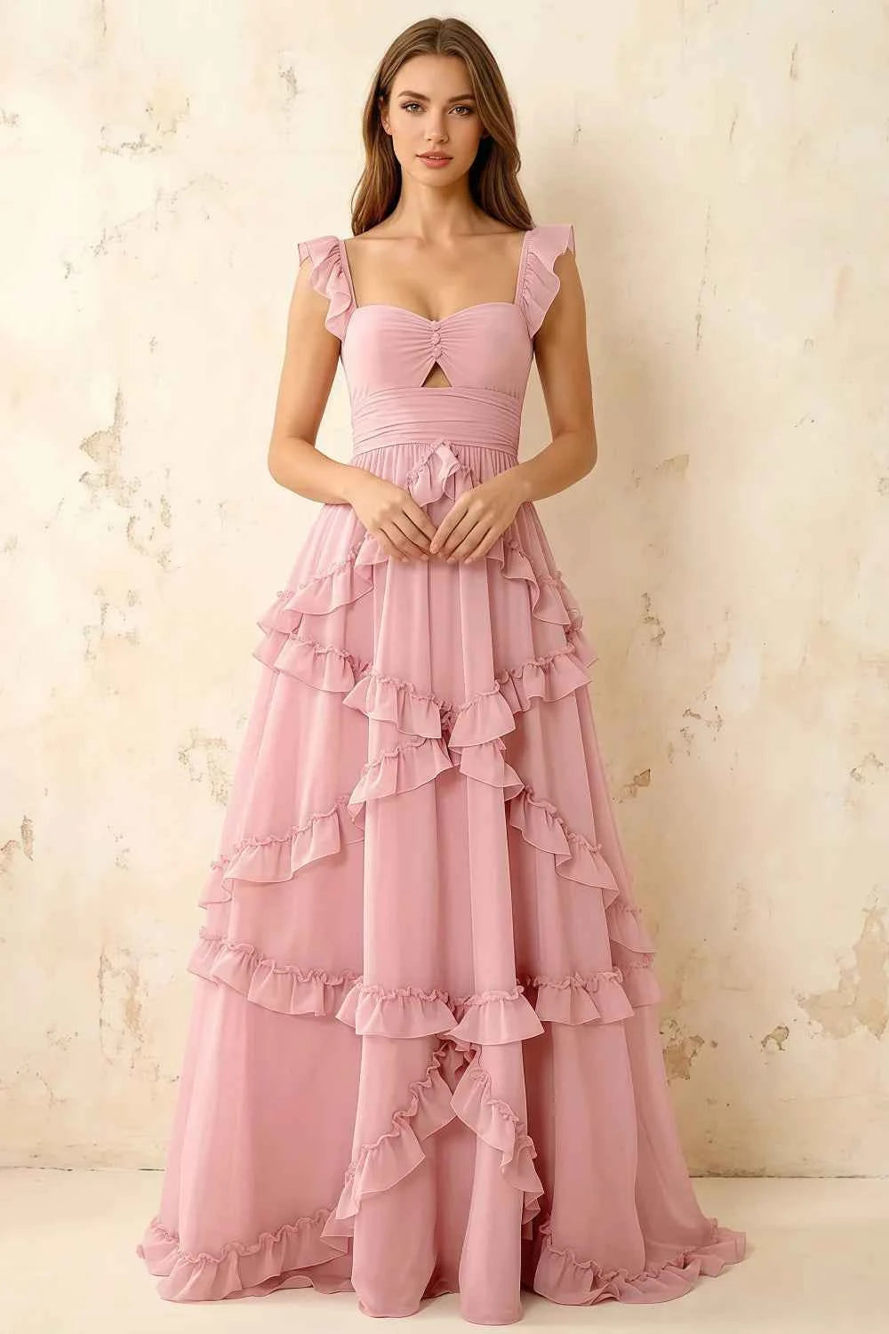 Johanna Pink Chiffon Cutout Ruffles Maxi Dress Main image