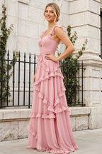 Johanna Pink Chiffon Cutout Ruffles Maxi Dress