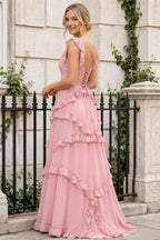 Johanna Pink Chiffon Cutout Ruffles Maxi Dress