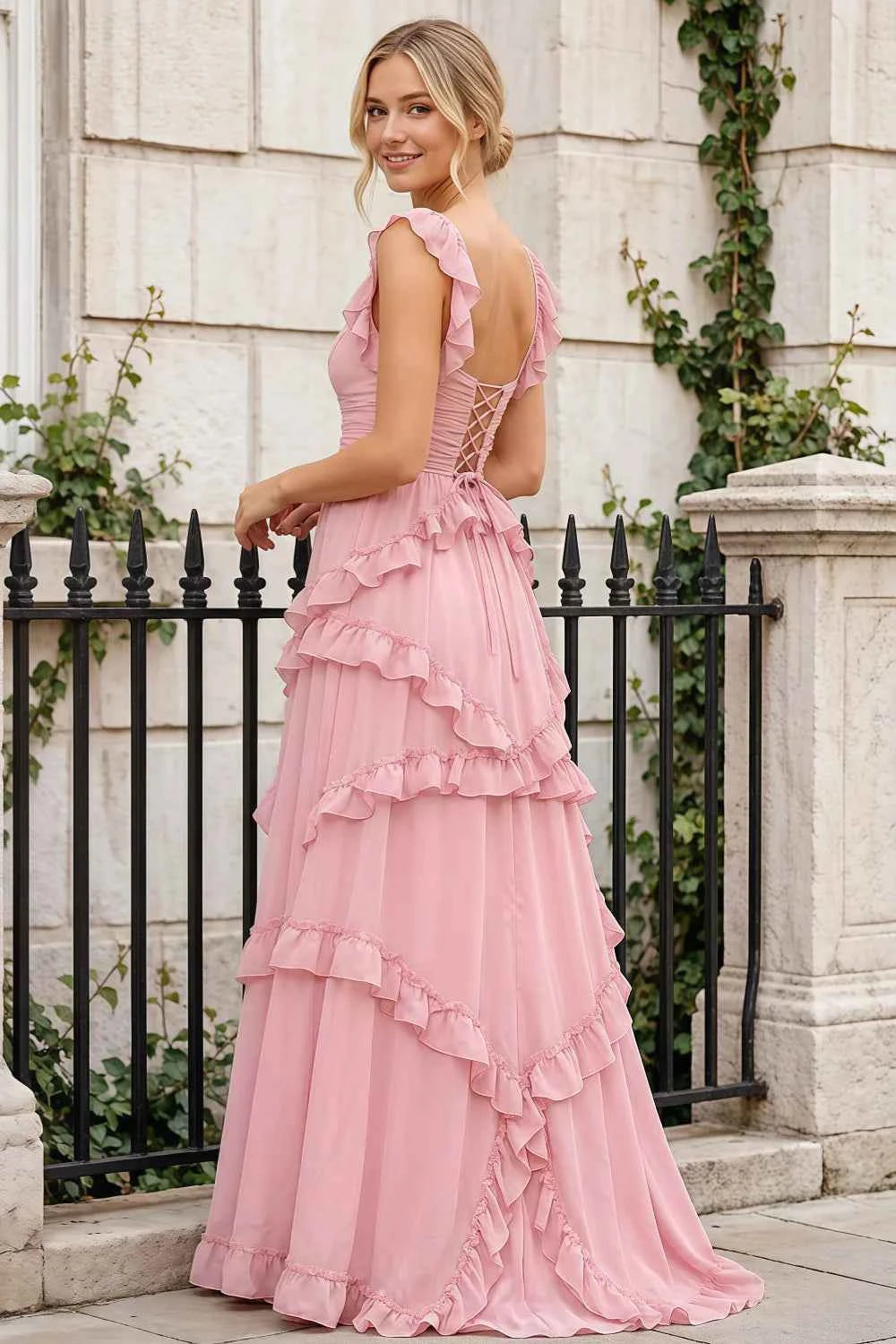 Johanna Pink Chiffon Cutout Ruffles Maxi Dress