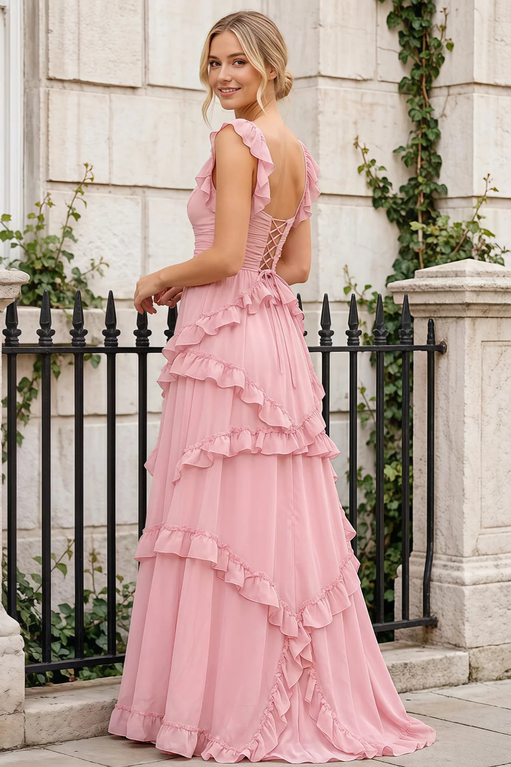 Johanna Pink Chiffon Cutout Ruffles Maxi Dress