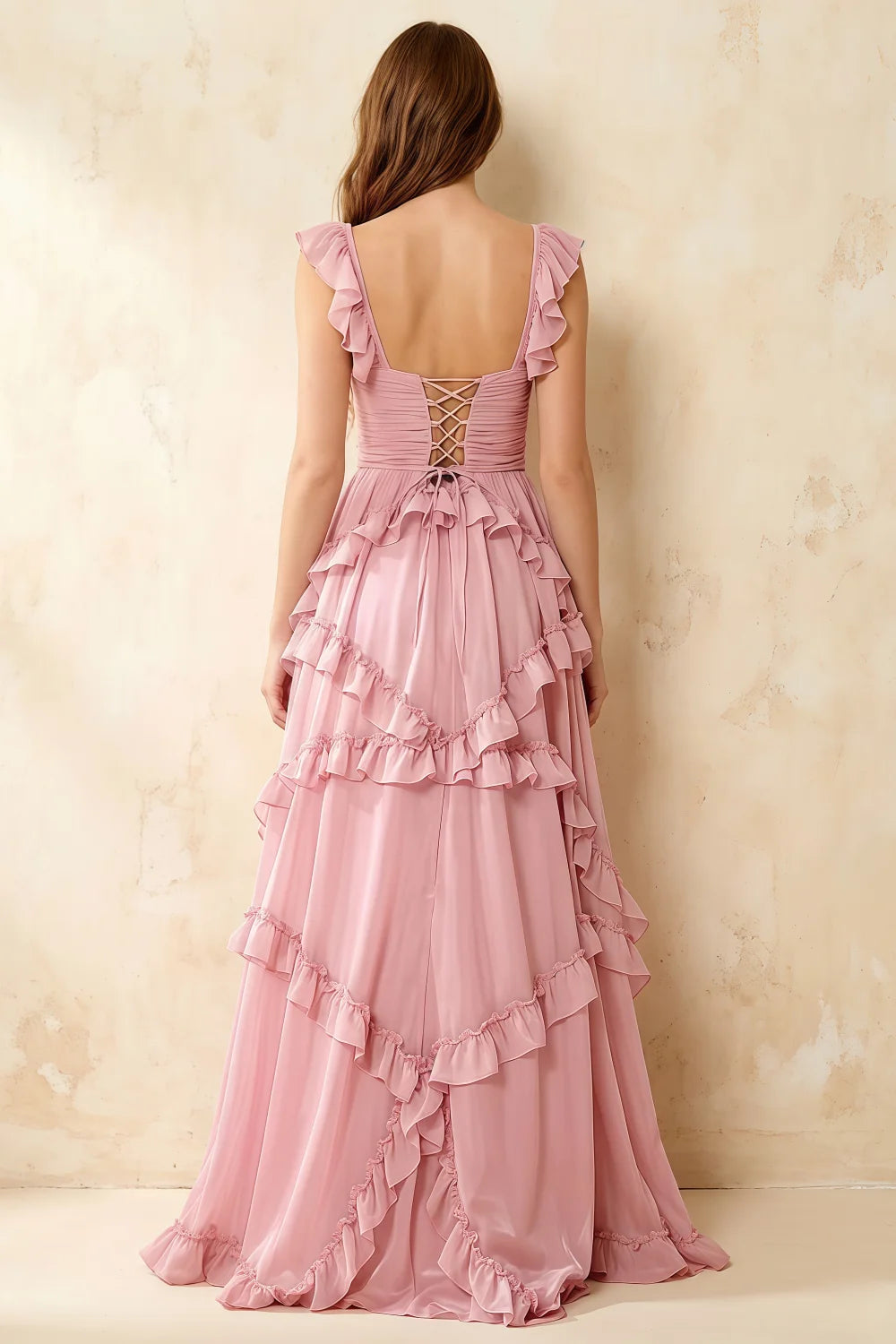 Johanna Pink Chiffon Cutout Ruffles Maxi Dress