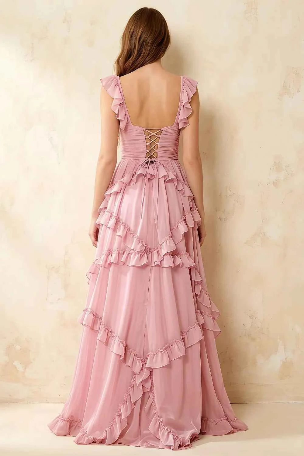 Johanna Pink Chiffon Cutout Ruffles Maxi Dress