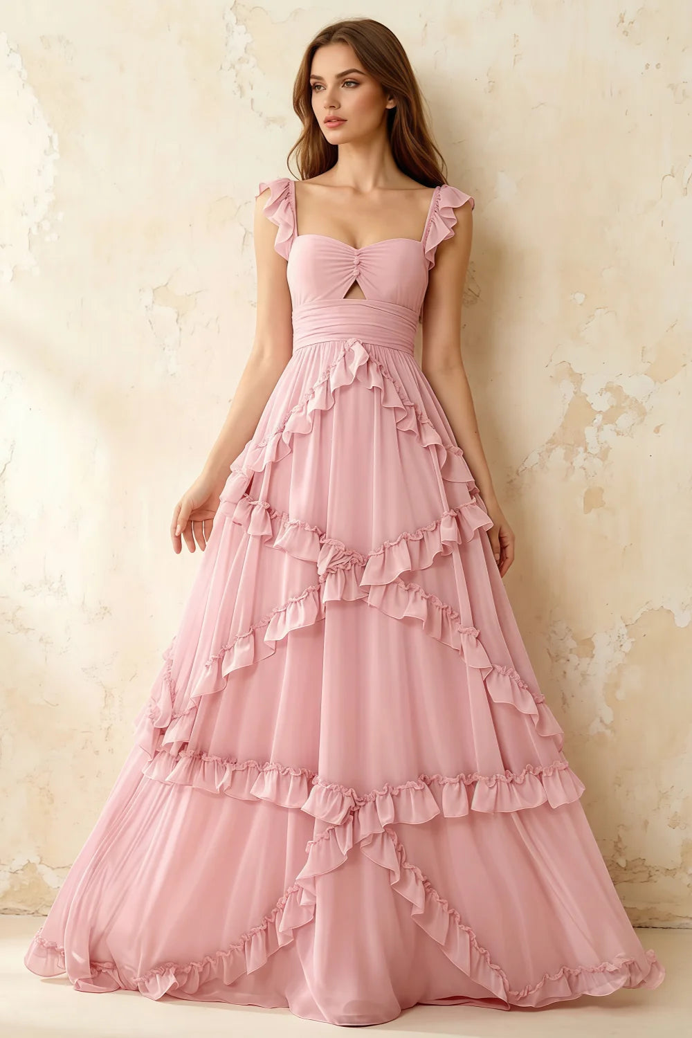 Johanna Pink Chiffon Cutout Ruffles Maxi Dress