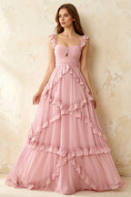 Johanna Pink Chiffon Cutout Ruffles Maxi Dress