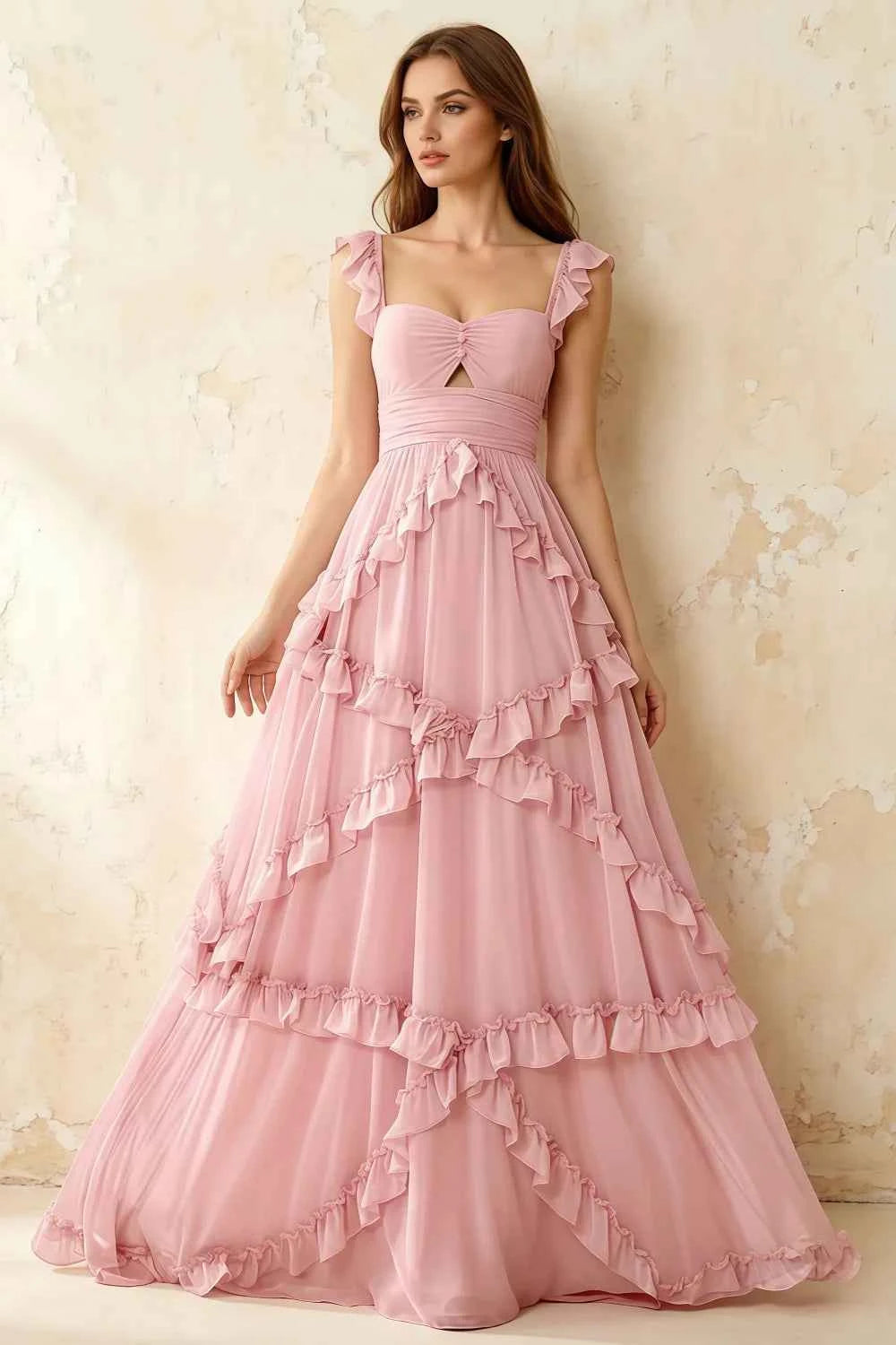 Johanna Pink Chiffon Cutout Ruffles Maxi Dress