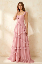 Johanna Pink Chiffon Cutout Ruffles Maxi Dress
