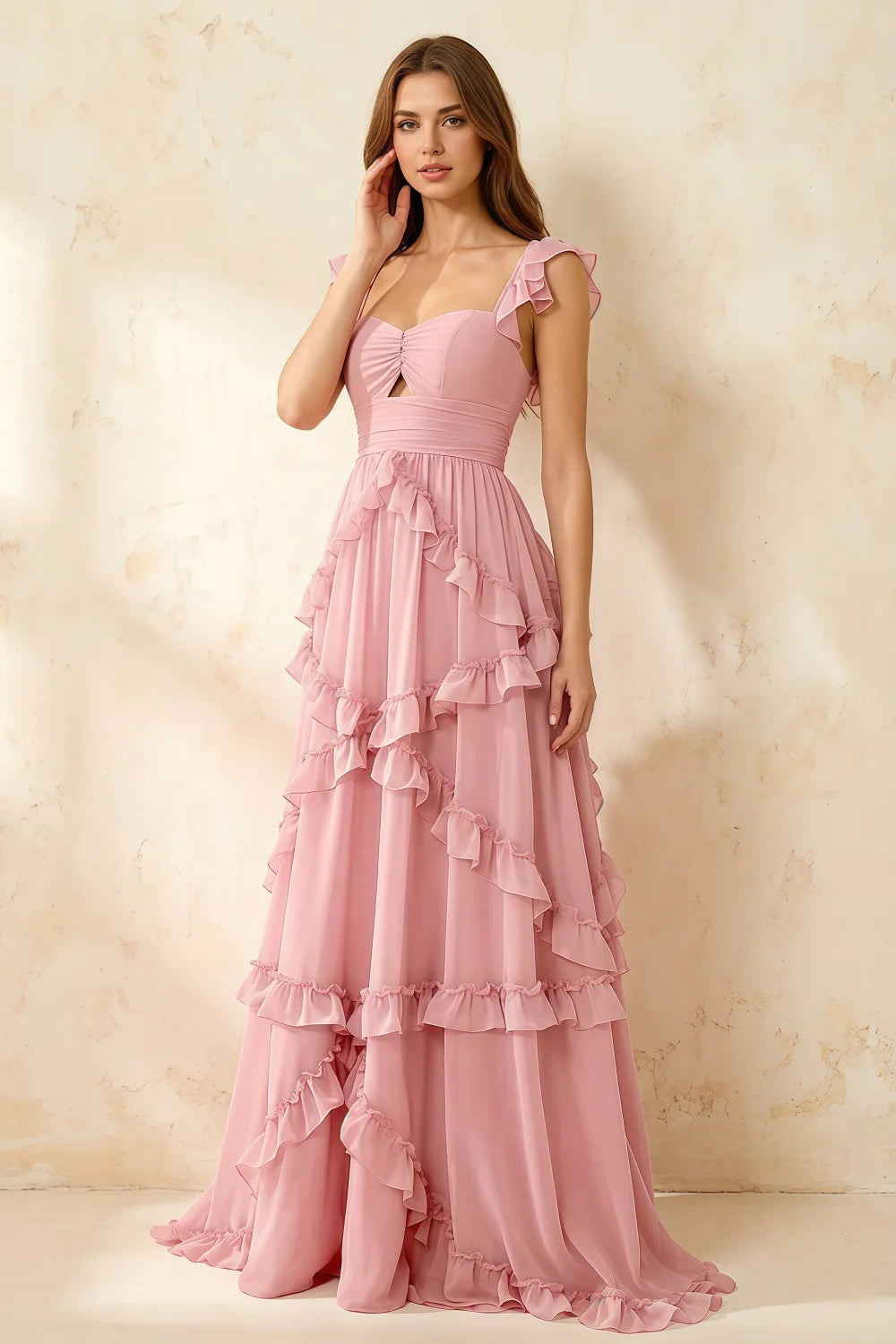 Johanna Pink Chiffon Cutout Ruffles Maxi Dress