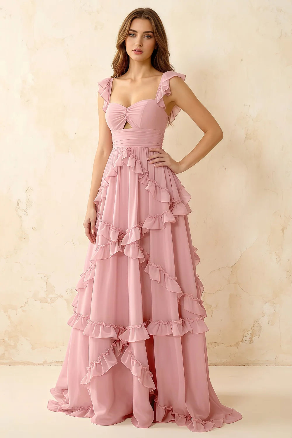 Johanna Pink Chiffon Cutout Ruffles Maxi Dress