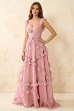 Johanna Pink Chiffon Cutout Ruffles Maxi Dress