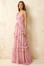 Johanna Pink Chiffon Cutout Ruffles Maxi Dress