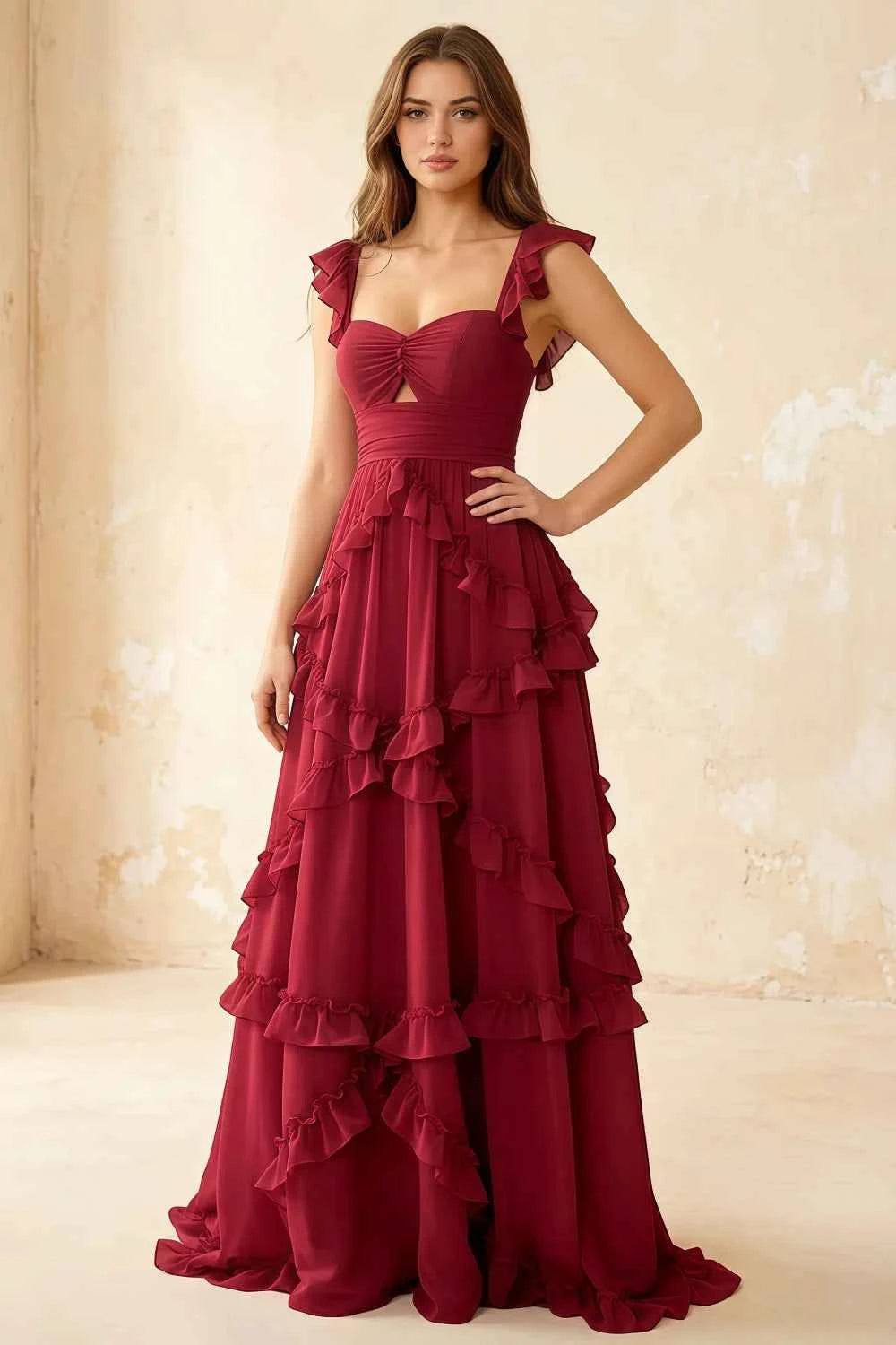 Johanna Red Chiffon Cutout Ruffles Maxi Dress Main image