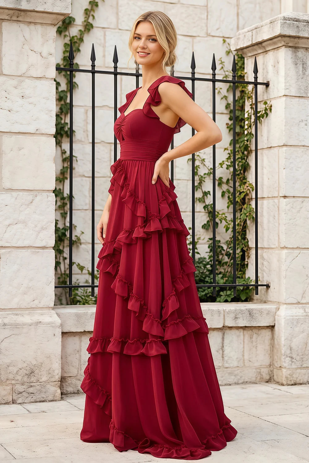 Johanna Red Chiffon Cutout Ruffles Maxi Dress