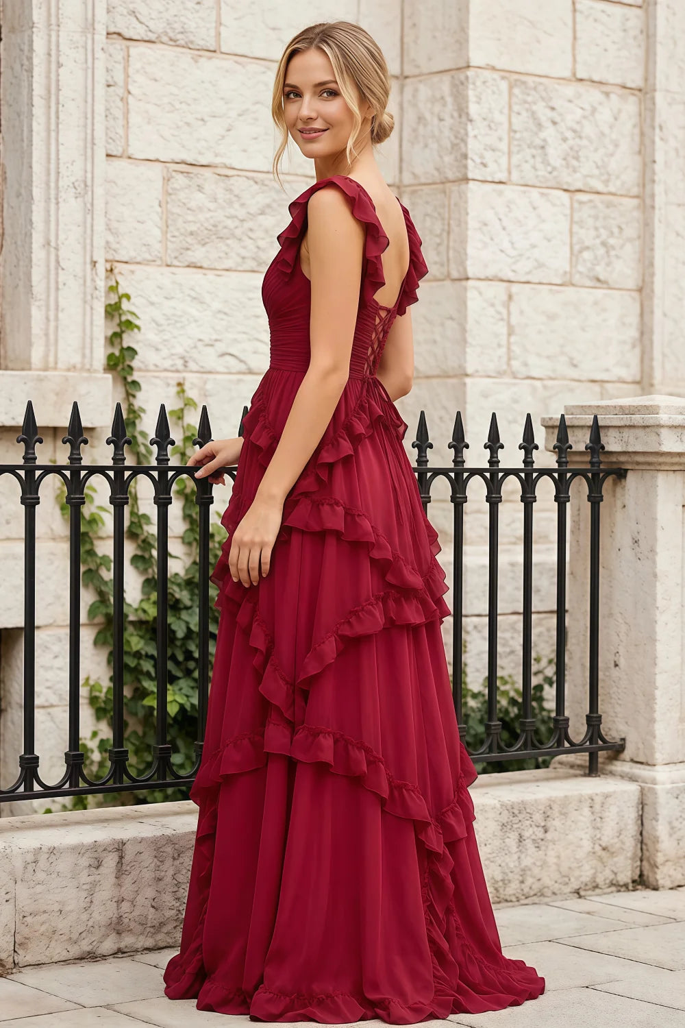 Johanna Red Chiffon Cutout Ruffles Maxi Dress