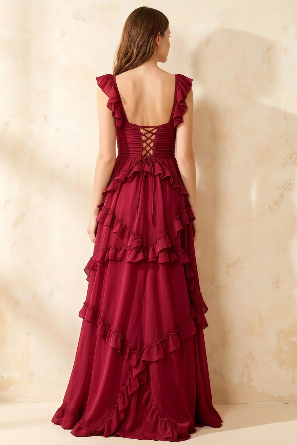 Johanna Red Chiffon Cutout Ruffles Maxi Dress