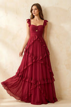 Johanna Red Chiffon Cutout Ruffles Maxi Dress