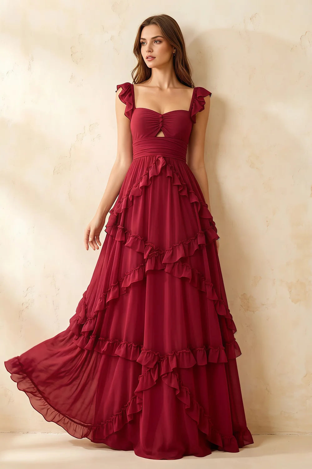 Johanna Red Chiffon Cutout Ruffles Maxi Dress