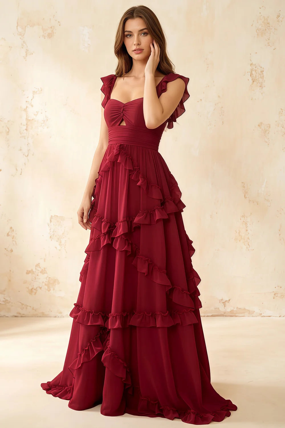 Johanna Red Chiffon Cutout Ruffles Maxi Dress