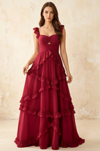 Johanna Red Chiffon Cutout Ruffles Maxi Dress