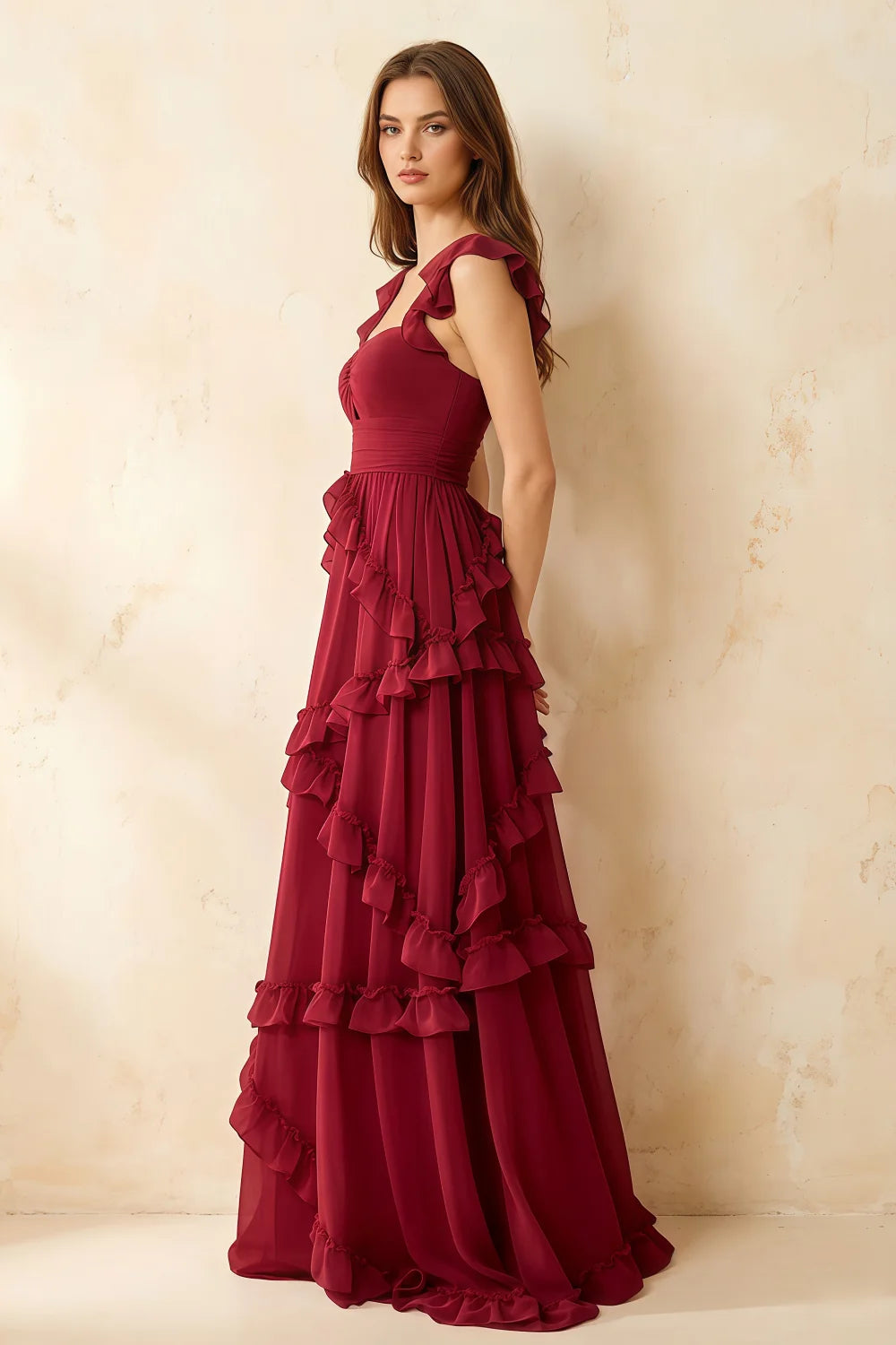 Johanna Red Chiffon Cutout Ruffles Maxi Dress