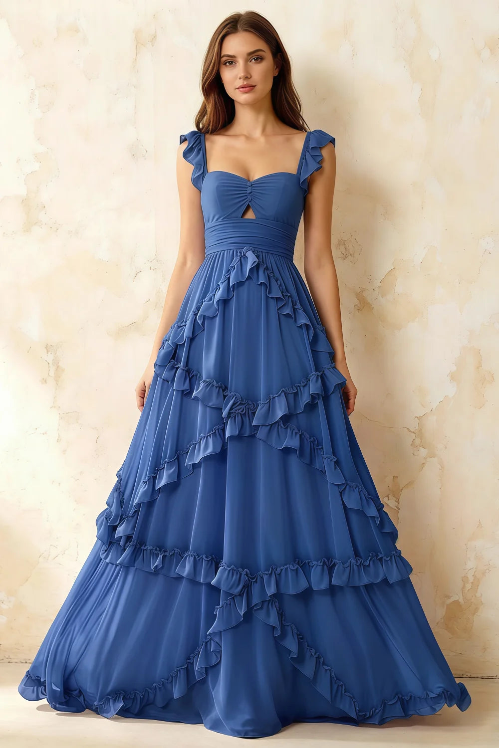 Johanna Royal Blue Chiffon Cutout Ruffles Maxi Dress
