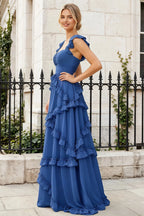 Johanna Royal Blue Chiffon Cutout Ruffles Maxi Dress