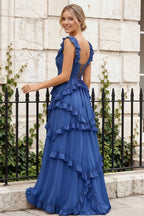 Johanna Royal Blue Chiffon Cutout Ruffles Maxi Dress
