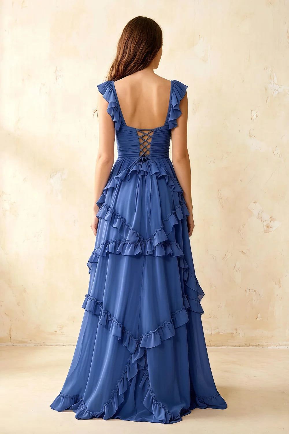 Johanna Royal Blue Chiffon Cutout Ruffles Maxi Dress