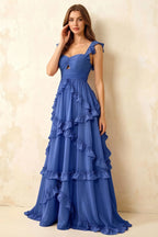 Johanna Royal Blue Chiffon Cutout Ruffles Maxi Dress
