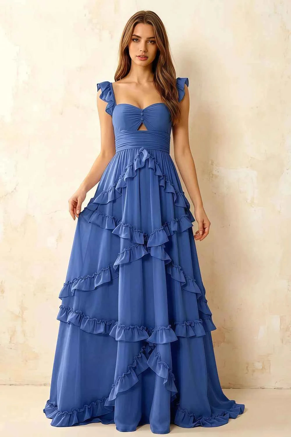 Johanna Royal Blue Chiffon Cutout Ruffles Maxi Dress