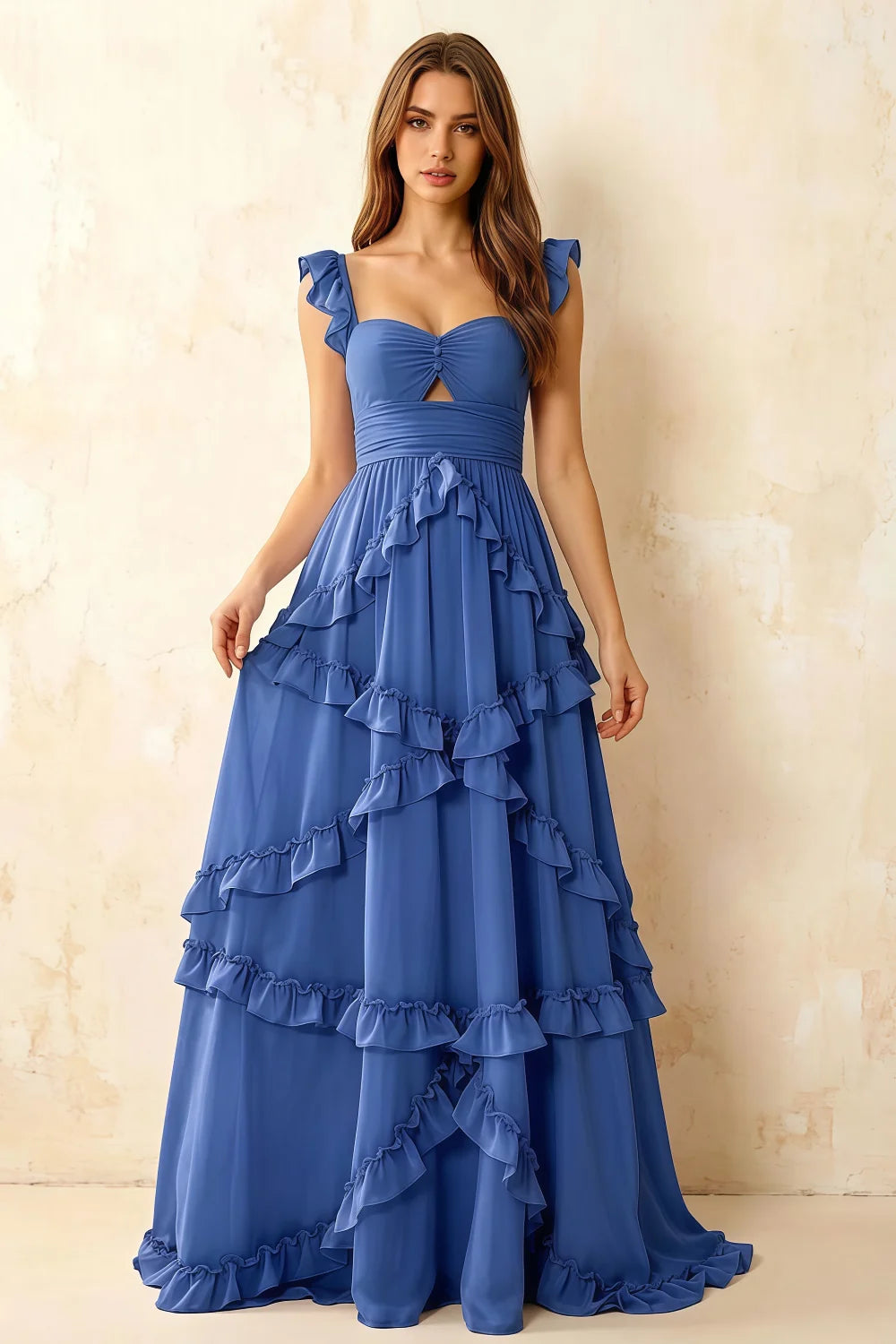 Johanna Royal Blue Chiffon Cutout Ruffles Maxi Dress