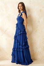 Johanna Royal Blue Chiffon Cutout Ruffles Maxi Dress