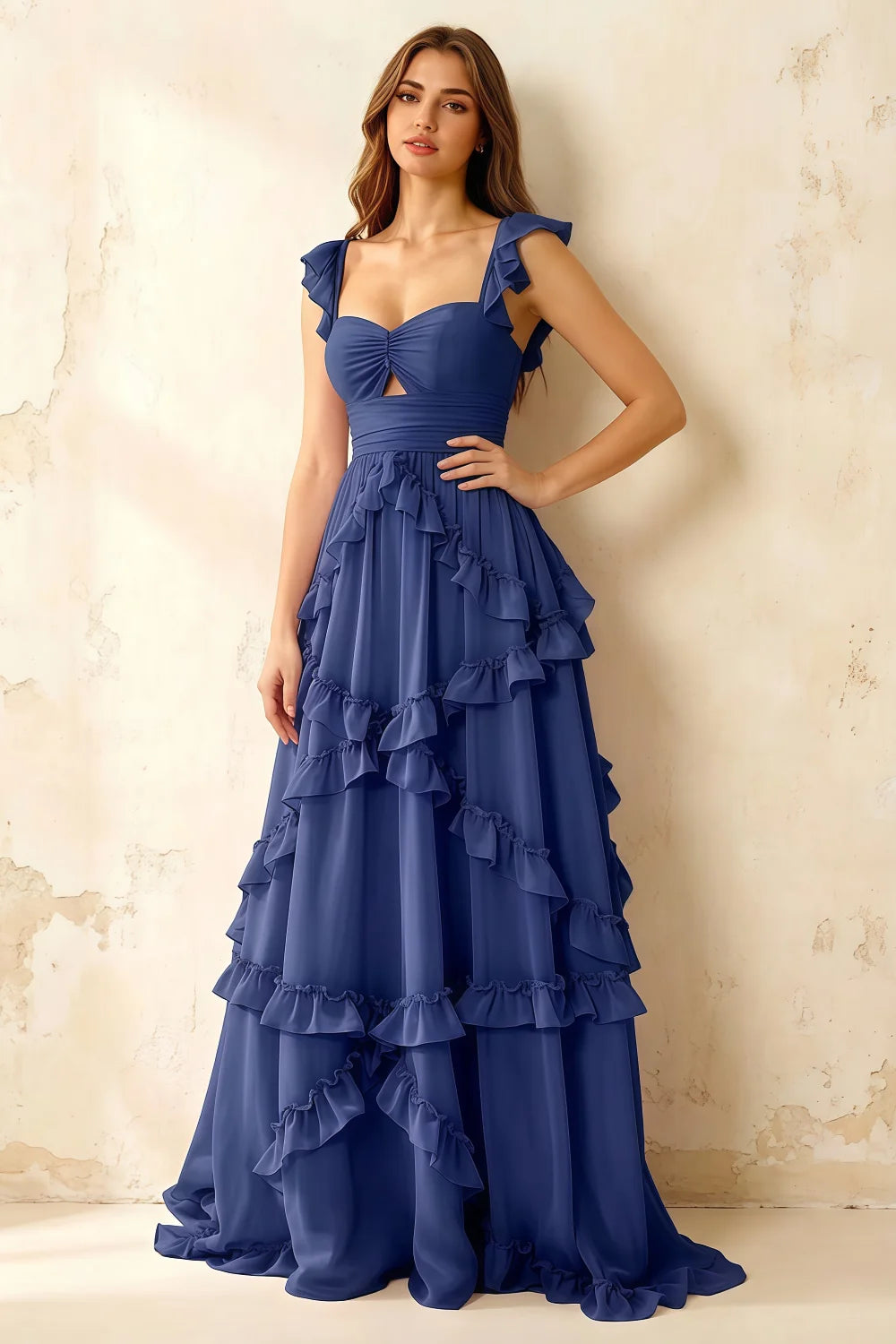 Johanna Royal Blue Chiffon Cutout Ruffles Maxi Dress