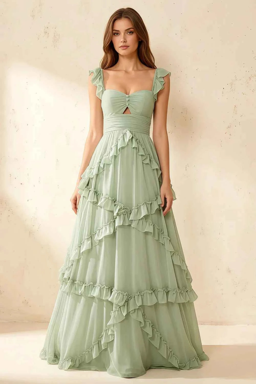 Johanna Sage Green Chiffon Cutout Ruffles Maxi Dress Main image