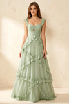 Johanna Sage Green Chiffon Cutout Ruffles Maxi Dress
