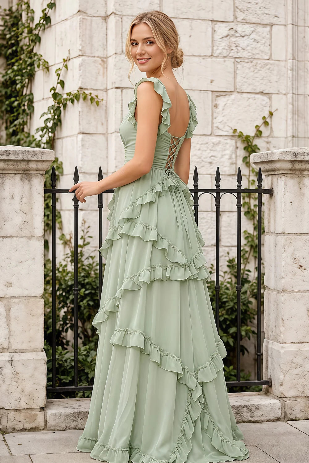 Johanna Sage Green Chiffon Cutout Ruffles Maxi Dress