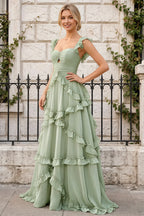 Johanna Sage Green Chiffon Cutout Ruffles Maxi Dress