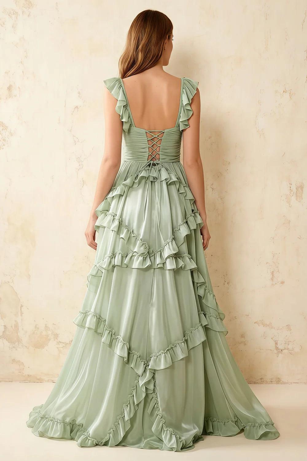 Johanna Sage Green Chiffon Cutout Ruffles Maxi Dress