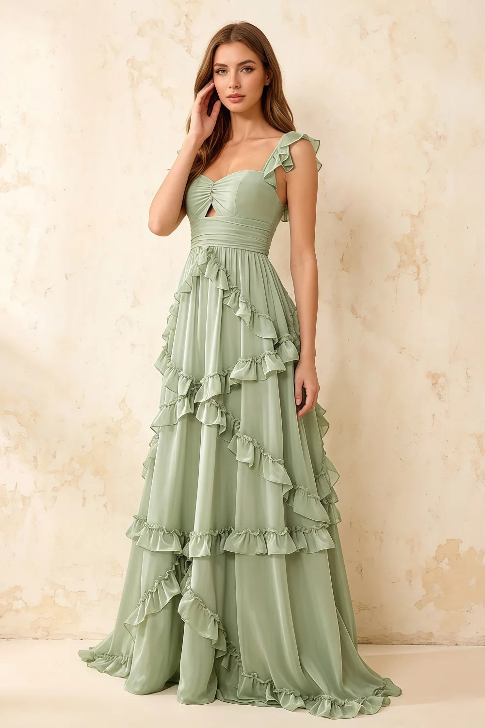 Johanna Sage Green Chiffon Cutout Ruffles Maxi Dress