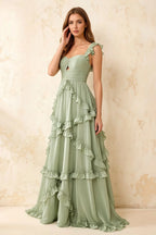 Johanna Sage Green Chiffon Cutout Ruffles Maxi Dress