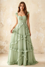 Johanna Sage Green Chiffon Cutout Ruffles Maxi Dress