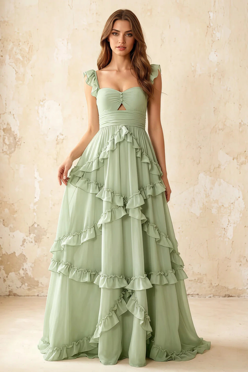 Johanna Sage Green Chiffon Cutout Ruffles Maxi Dress