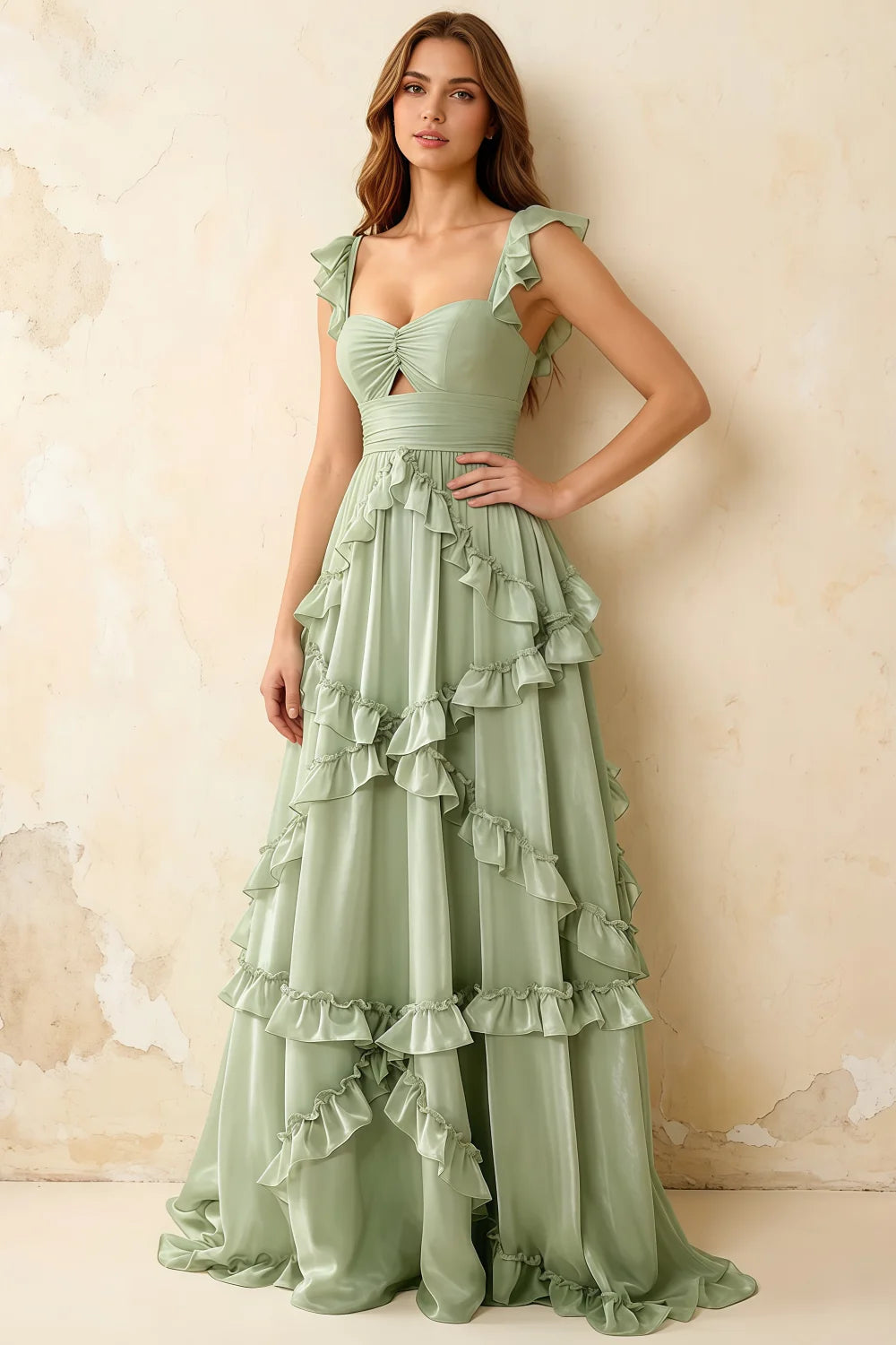 Johanna Sage Green Chiffon Cutout Ruffles Maxi Dress